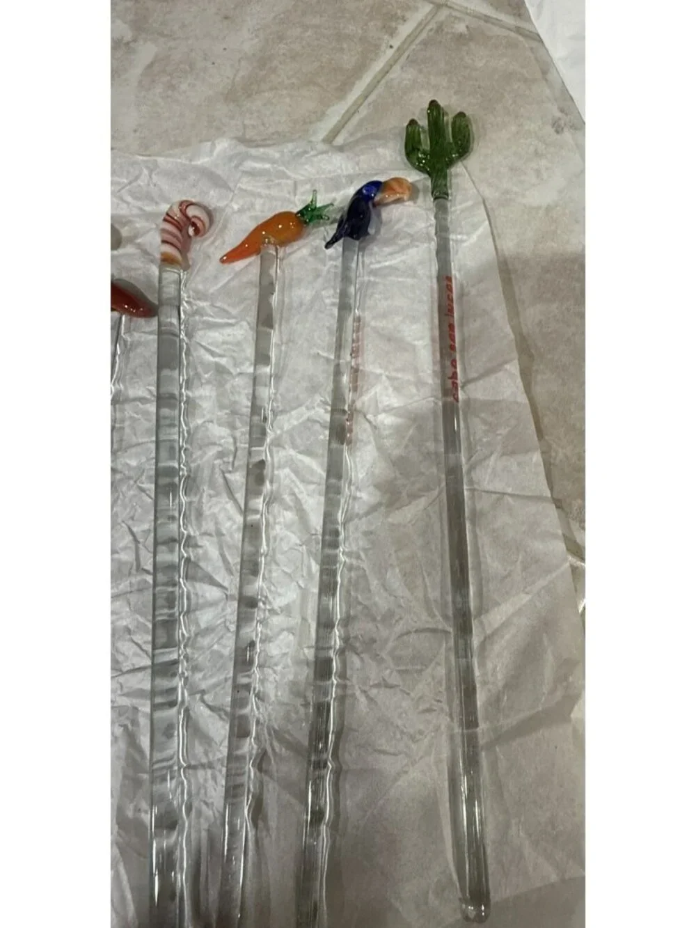 Set of 8 Vintage GLASS Cocktail Stir Sticks Barware SWIZZLE STICKS-frog Parrot..